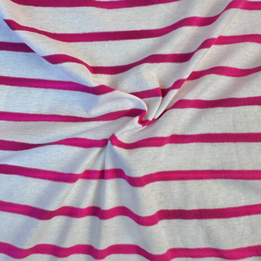 Pink and white striped cotton jersey knit fabric