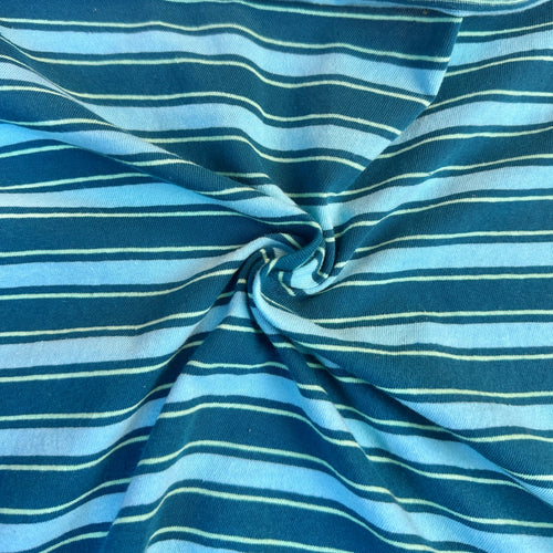 Blue and light gray striped cotton jersey knit fabric