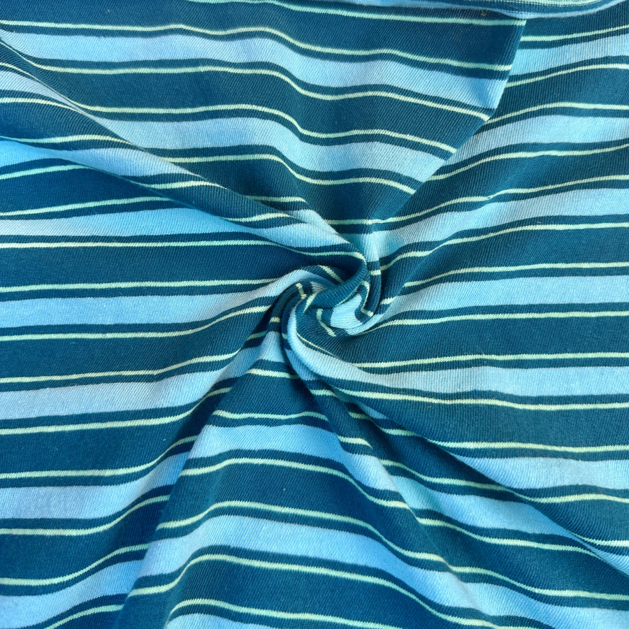 Blue and light gray striped cotton jersey knit fabric