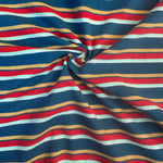 Blue, yellow and red striped cotton jersey knit fabric