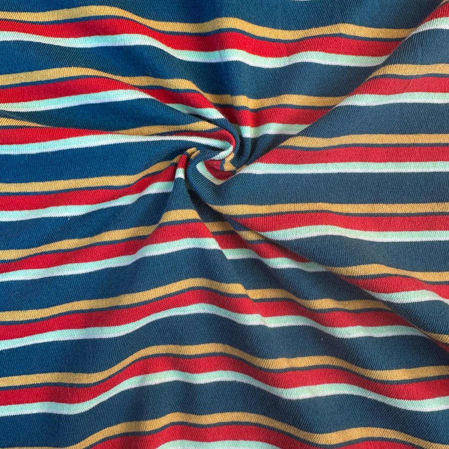 Blue, yellow and red striped cotton jersey knit fabric