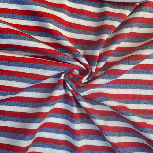 Red and blue striped cotton jersey knit fabric