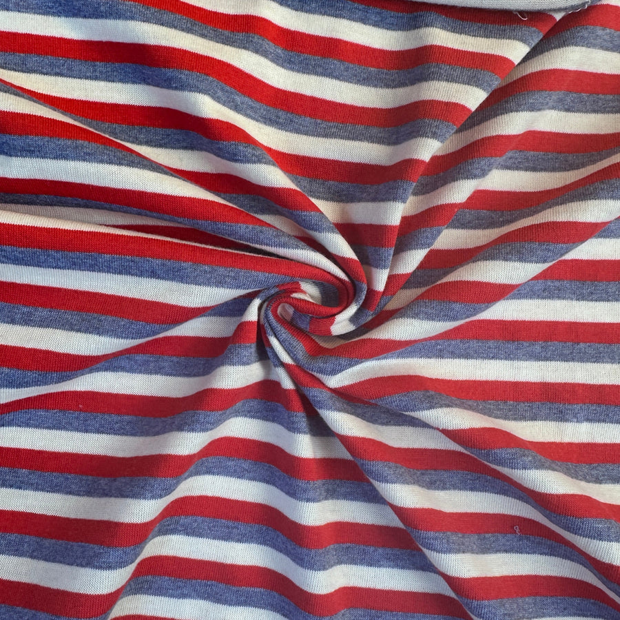Red and blue striped cotton jersey knit fabric