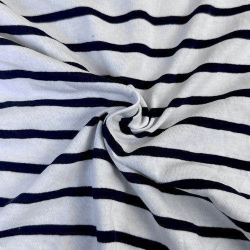 Navy and white striped cotton jersey knit fabric