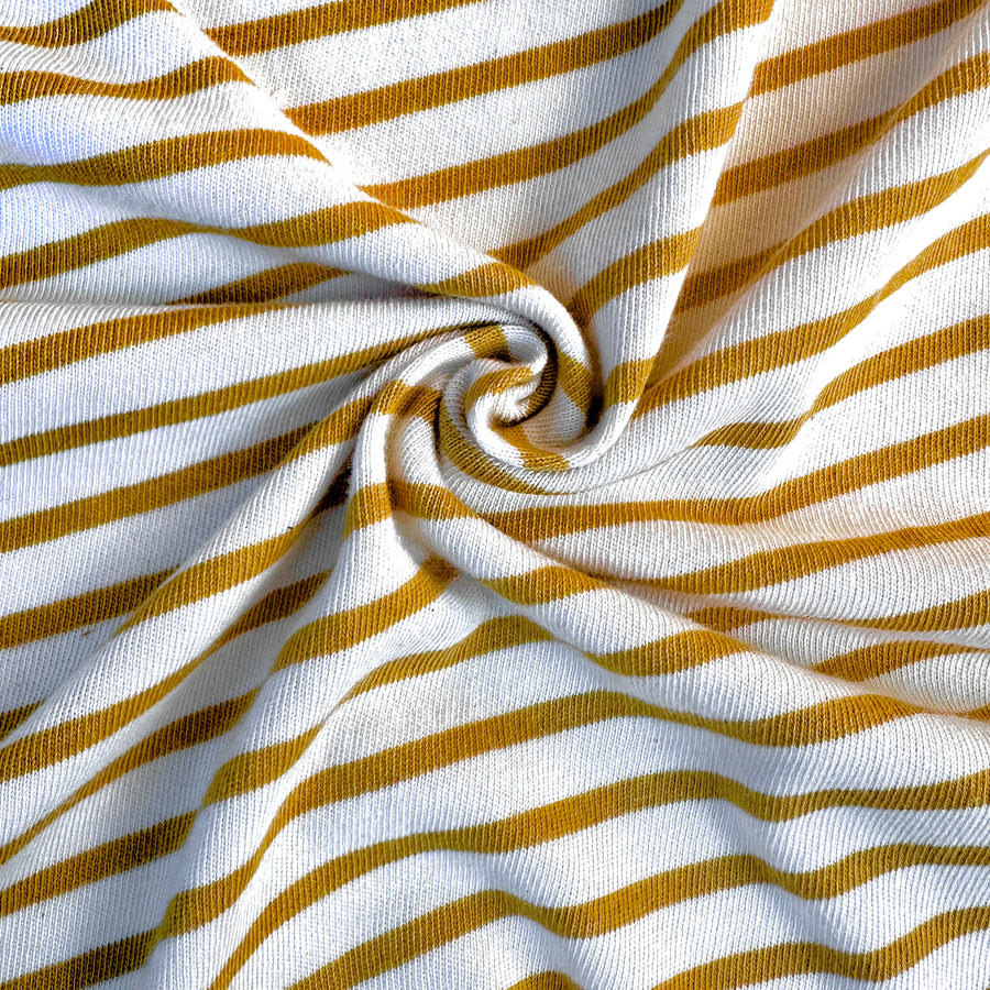 Yellow and white striped cotton jersey knit fabric