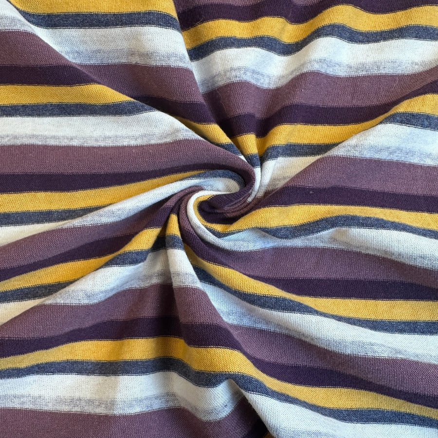 Purple and yellow striped cotton jersey knit fabric