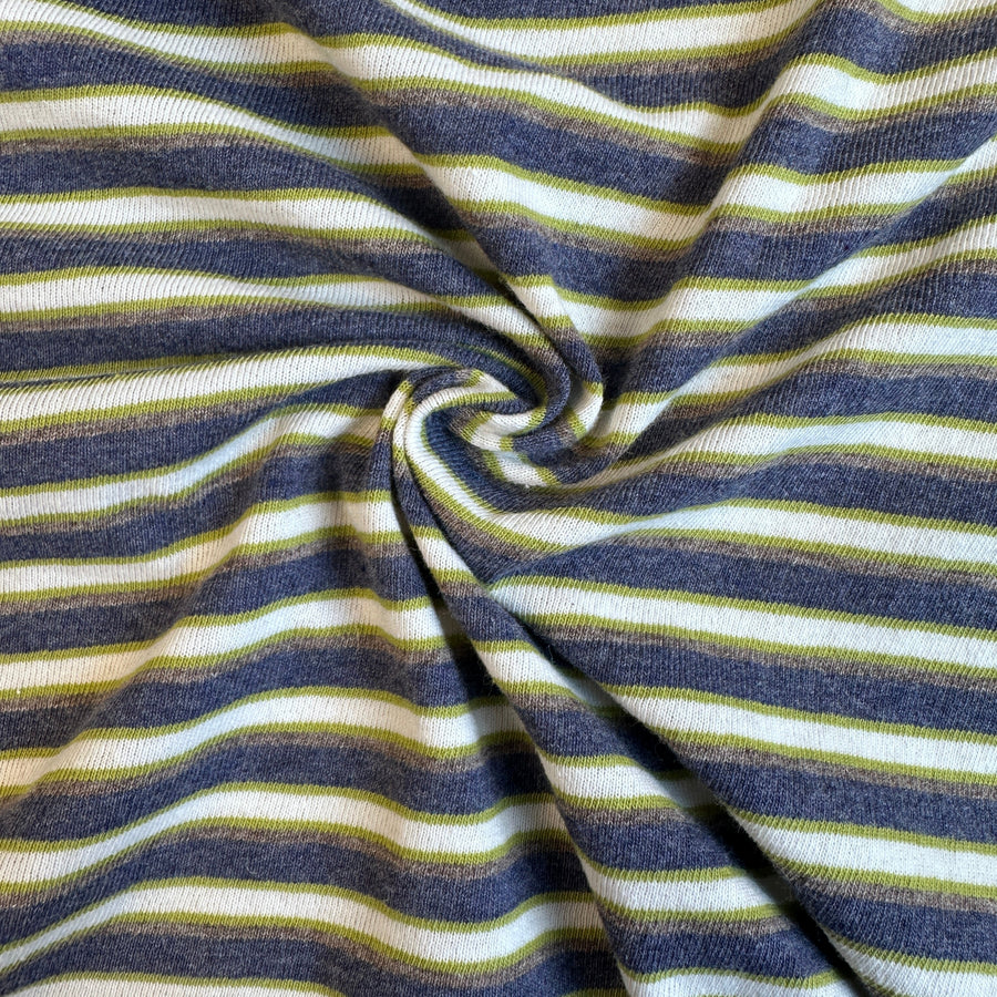 Blue and green striped cotton jersey knit fabric