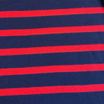 Blue and red striped cotton jersey knit fabric detail