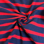 Blue and red striped cotton jersey knit fabric