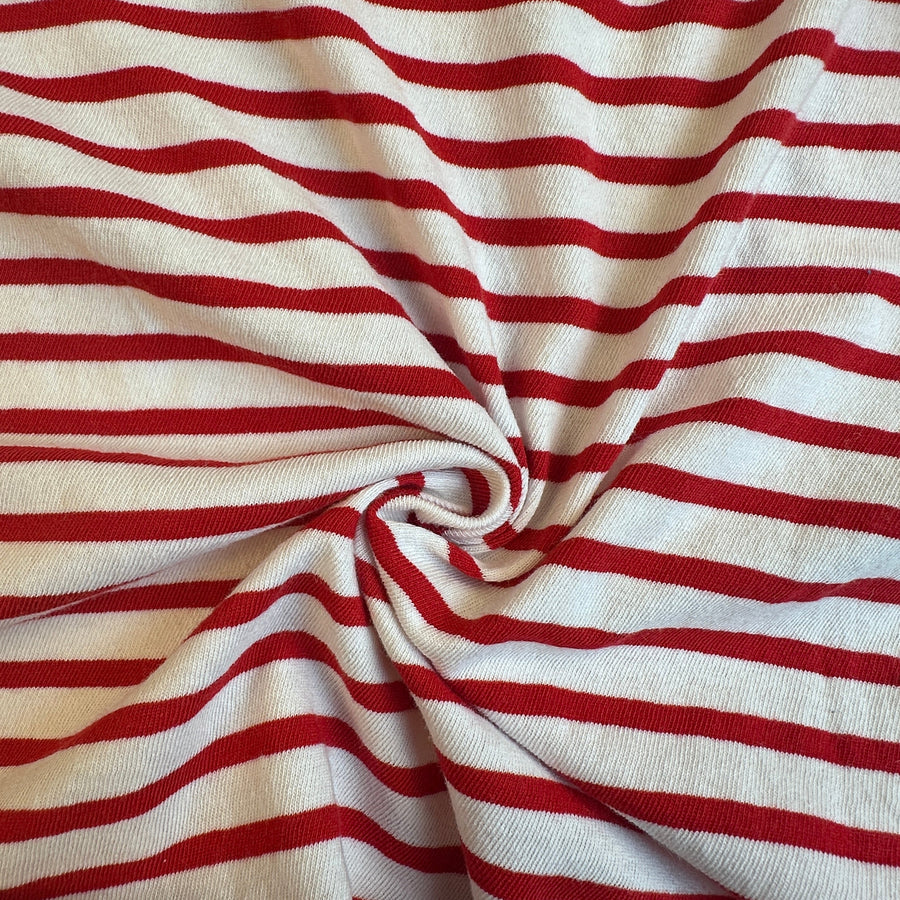 Red and cream striped cotton jersey knit fabric