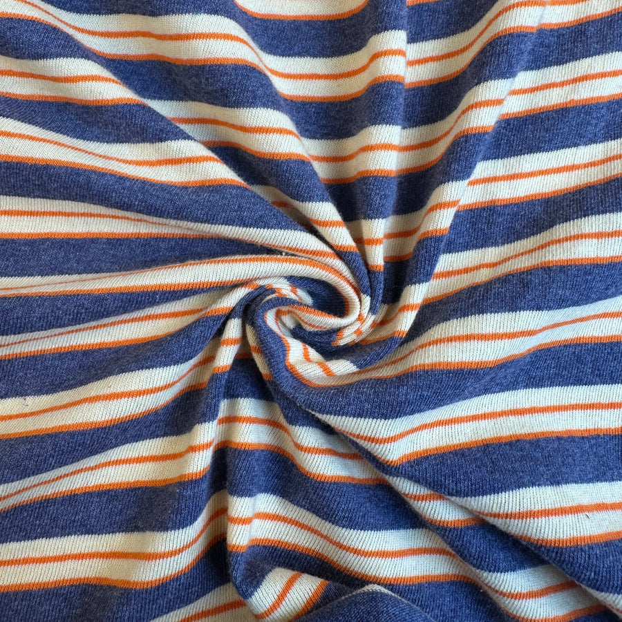 Blue and orange striped cotton jersey knit fabric