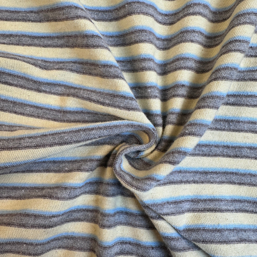 Blue and yellow striped cotton jersey knit fabric