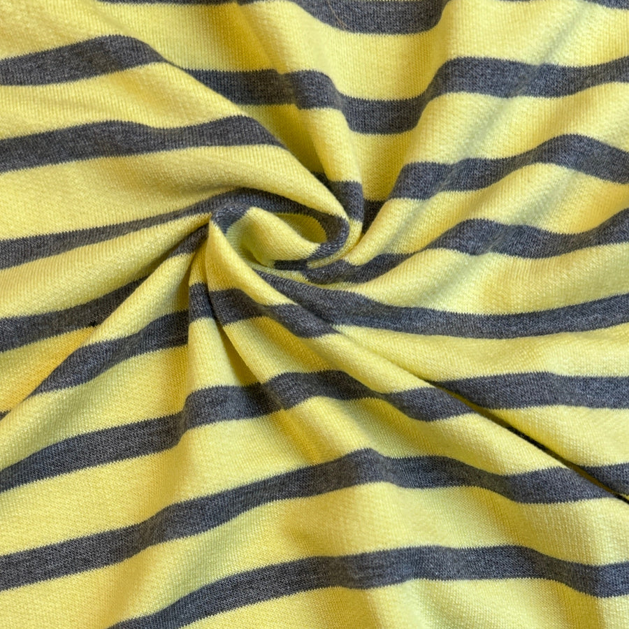 Yellow and gray striped french terry knit fabric