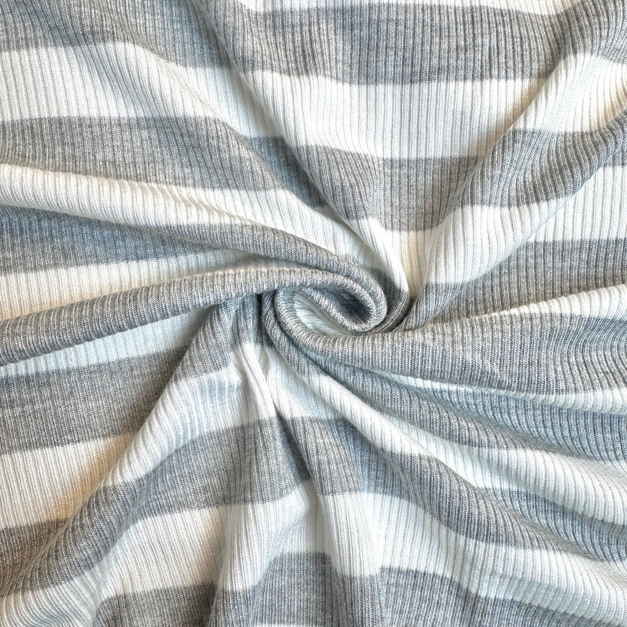 Gray and white striped rib jersey knit fabric