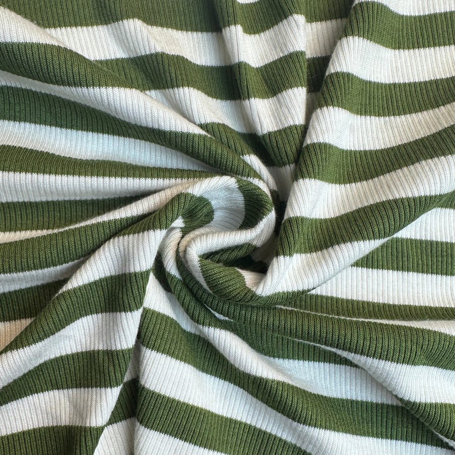 Green and white striped rib jersey knit fabric