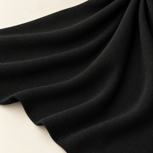 Styled product photograph of Black DTY Double Brushed Knit Fabric, 97% Polyester 3% Spandex, Buttery Soft Legging Dress Fabric, Sold by the Yard; original photographs follow.