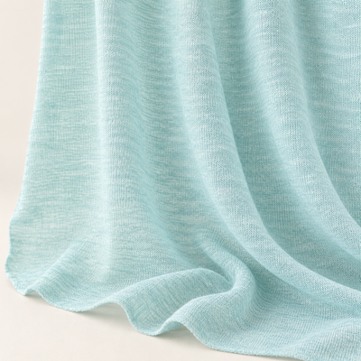 Styled product photograph of Sky Light Blue Poly Cotton Jersey Knit Fabric, 50% Polyester 50% Cotton 6 oz Lightweight, Summer Tee Fabric, Sold by the Yard; original photographs follow.