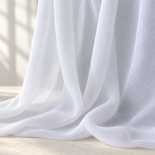 Styled product photograph of 54" 100% Rayon Chiffon Optic White or Black Sheer Light Woven Fabric. Original fabric photos follow.