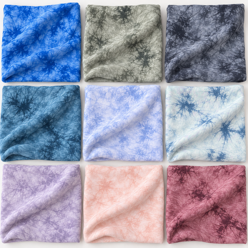 bamboo-cloud-tie-dye-nine-color-swatch-layout fabric showing the full color range in a styled arrangement