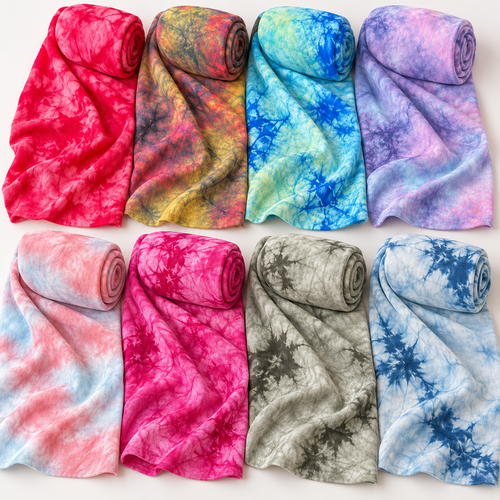 bamboo-multicolor-tie-dye-all-eight-rolls fabric showing the full color range in a styled arrangement