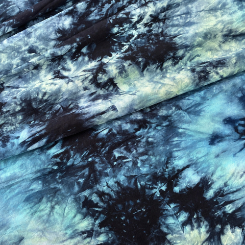 60” Bamboo 4-Way Stretch with Spandex Black Blue Green Mint Cloud Tie Dye Tie Dyed Apparel Jersey Knit Fabric By the Yard — styled fabric photograph