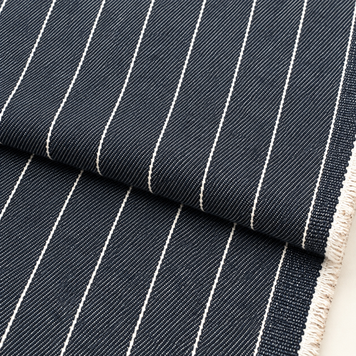 Striped Cotton Denim Fabric, Black and White Stripe, 264 GSM Mid Weight Denim, Premium Apparel Fabric, Sold by the Yard — styled fabric photograph