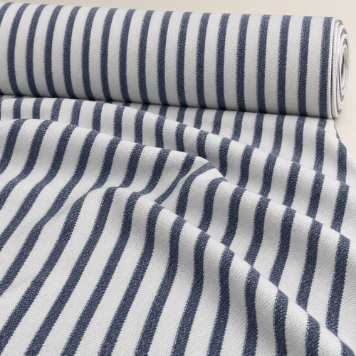 Striped Cotton French Terry Knit Fabric, Light Blue and White Stripe, 100% Cotton 263 GSM, Sweatshirt Fabric, Sold by the Yard — styled fabric photograph