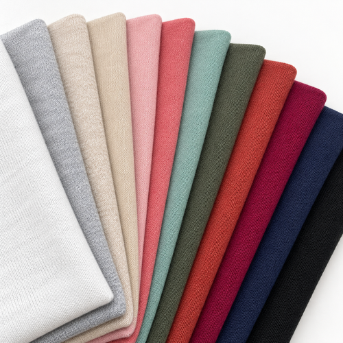 Brushed stretch knit in all twelve colors arranged to show all color options