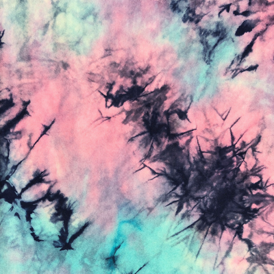 60" Bamboo Spandex Lycra Tie Dyed Cotton Candy Blue & Pink Knit Fabric — styled fabric photograph