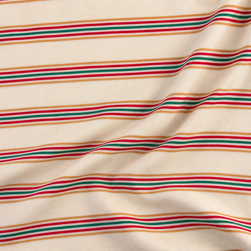 Striped Cotton Jersey Knit Fabric, Yellow and Green Stripe, 40% Cotton 60% Polyester 156 GSM, Soft Drapey Apparel Fabric, Sold by the Yard — styled fabric photograph