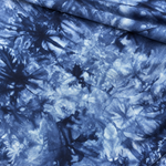 Dark Navy Blue bamboo spandex tie-dye jersey knit fabric, styled close-up