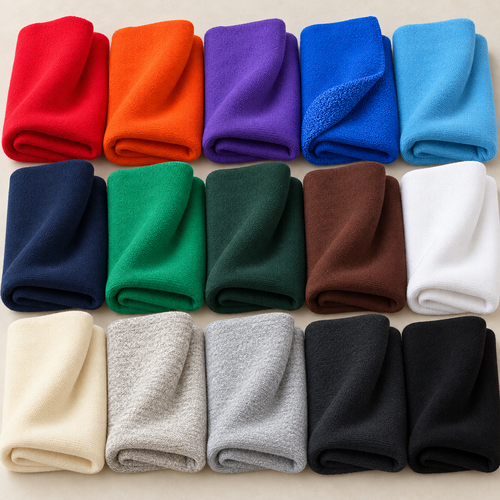 Heavy cotton French terry fabric color range — all 15 listed colors, including Orange and Sky Blue