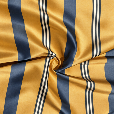 56" 100% Silk Gold Yellow Blue & White Striped Woven Fabric By the — styled fabric photograph