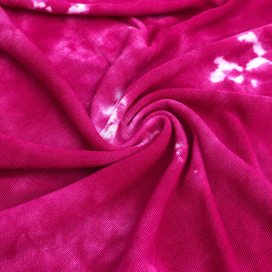 64" Fuchsia Hot Pink & White Modal Spandex Tie Dye Jersey Knit Fabric By Yard — styled fabric photograph