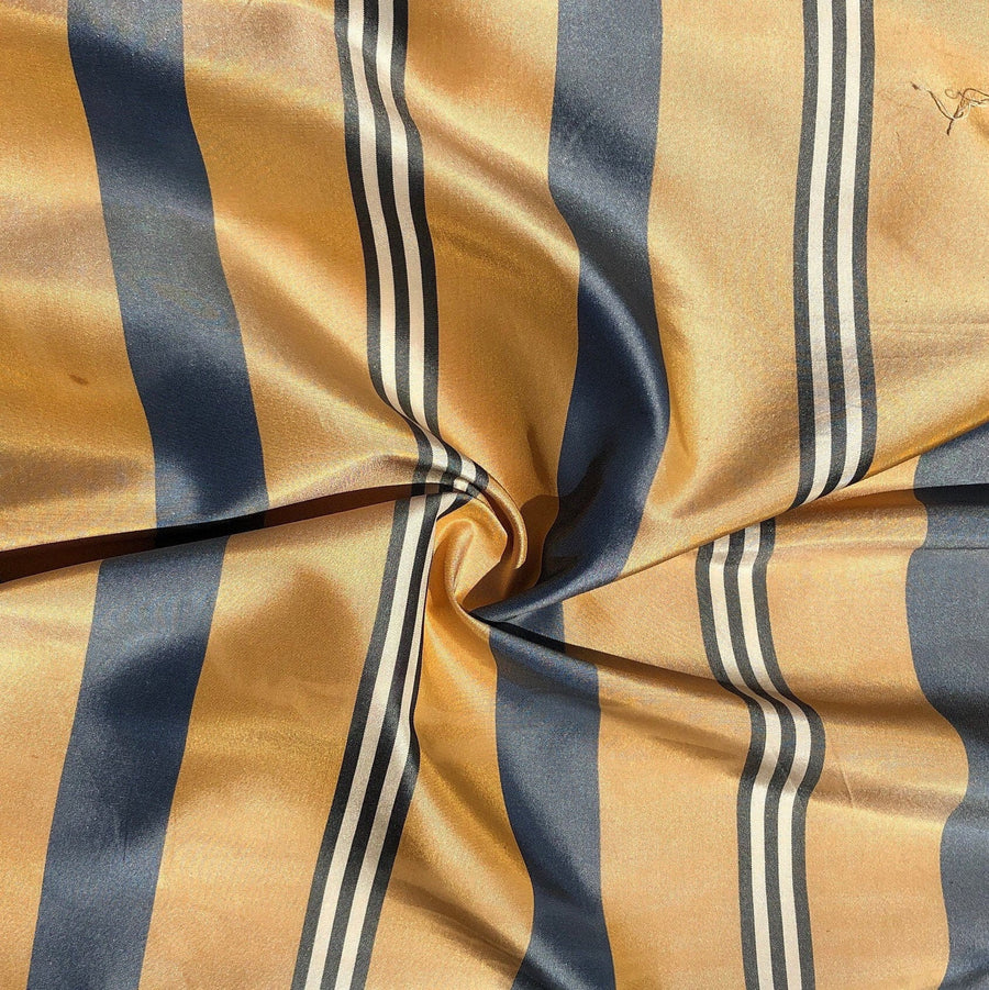 Striped 100% Silk Fabric, Gold Yellow Blue & White, 56" Wide, By The Half Yard