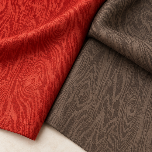 Italian wood-grain linen jacquard in brown and red arranged to show all color options