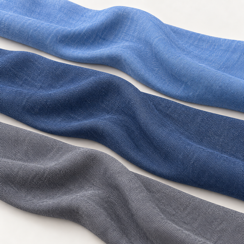 Japanese Tencel denim in sky blue, indigo and gray arranged to show all color options