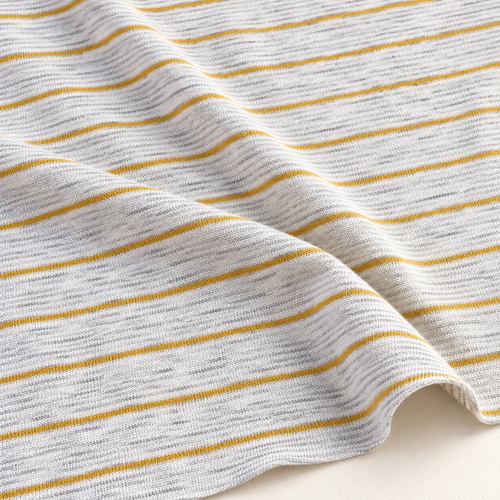 Striped Cotton Jersey Knit Fabric, Beige and Yellow Stripe, 33% Polyester 33% Rayon 33% Cotton 131 GSM, Soft Drapey Apparel Fabric, Sold by the Yard — styled fabric photograph