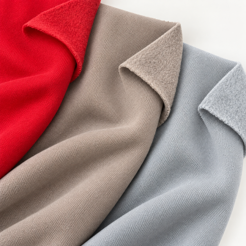 Organic cotton fleece in red, mocha and gray arranged to show all color options