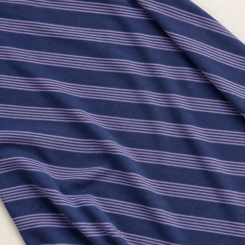 Striped Cotton Jersey Knit Fabric, Purple Stripe, 60% Cotton 40% Polyester 146 GSM, Soft Drapey Apparel Fabric, Sold by the Yard — styled fabric photograph