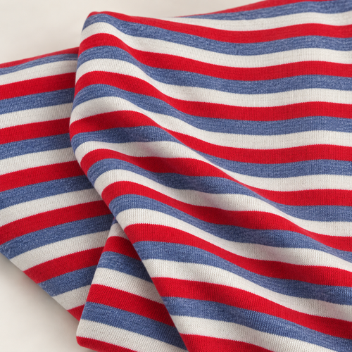 Striped Cotton Jersey Knit Fabric, Red and Blue Stripe, 85% Cotton 15% Polyester 146 GSM, Soft Drapey Apparel Fabric, Sold by the Yard — styled fabric photograph