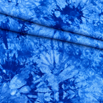 Royal Blue bamboo spandex tie-dye jersey knit fabric, styled product photo