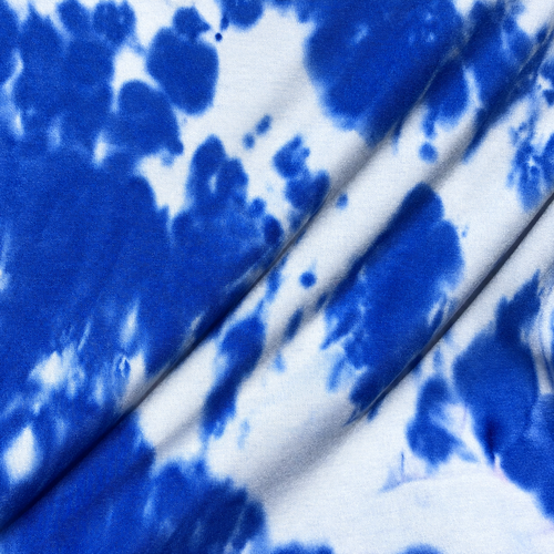 60" Modal & Spandex Elastane Tie Dyed Royal Blue & White Cloud Knit — styled fabric photograph