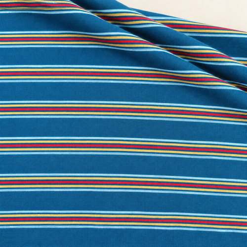 Striped Cotton Jersey Knit Fabric, Navy and Yellow Stripe, 48% Cotton 50% Polyester 2% Spandex 149 GSM, Soft Drapey Apparel Fabric, Sold by the Yard — styled fabric photograph