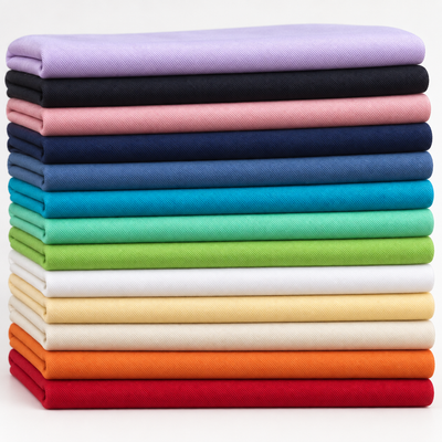 Tencel lyocell gabardine twill — full photographed color range arranged in thirteen folded layers