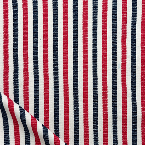 Striped Cotton Denim Fabric, Red and White and Blue Stripe, 279 GSM Mid Weight Denim, Premium Apparel Fabric, Sold by the Yard — styled fabric photograph
