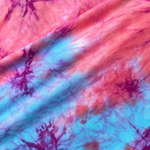 Tie Dye Bamboo Spandex Fabric: Watermelon Cotton Candy, 4-Way Stretch — styled fabric photograph