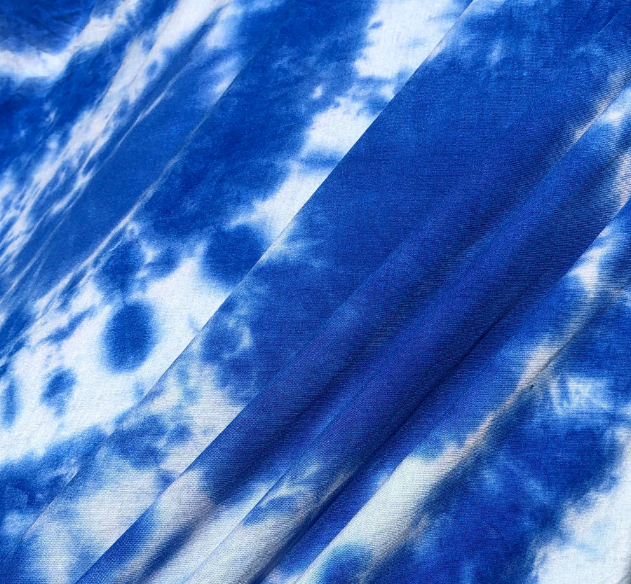 60" Ocean Blue & White Cotton Modal Spandex Stretch Tie Dye Tie Dyed Apparel Jersey Knit Fabric by The Yard - APC Fabrics