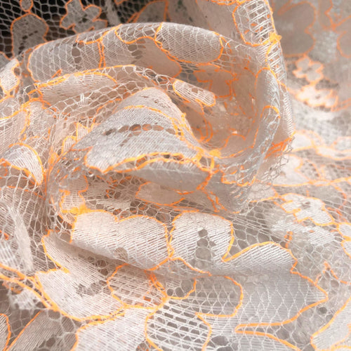 58" Orange & White Floral Flower Fabric Mesh Net Sheer Woven Fabric By the Yard - APC Fabrics