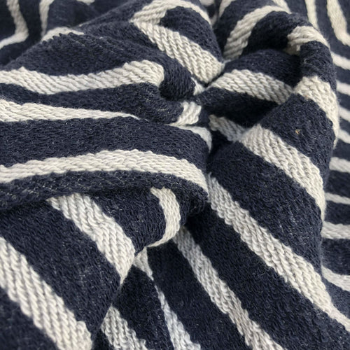 74" 100% Cotton French Terry Cloth Blue White Striped Heavy Knit Fabric By Yard - APC Fabrics